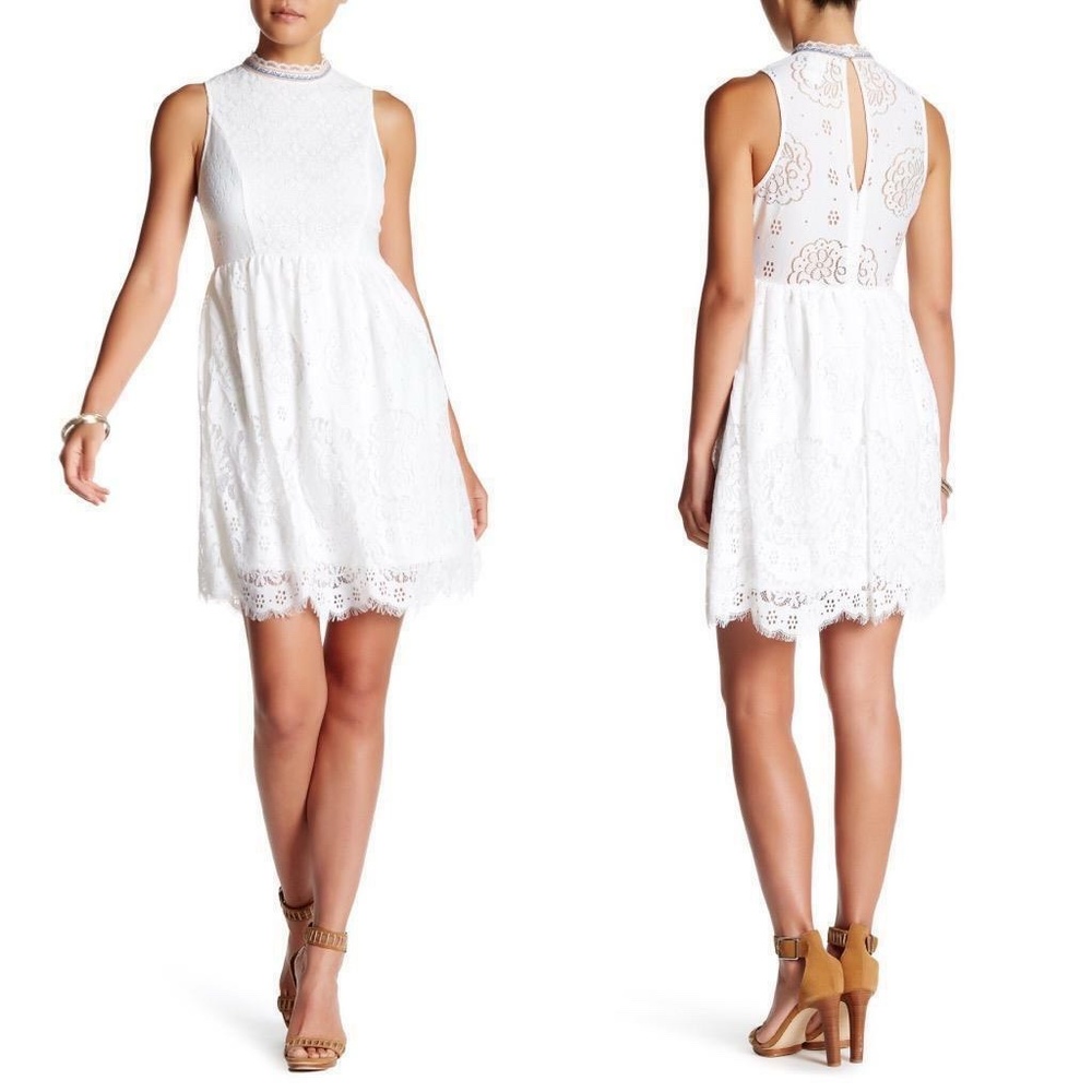 NEW WHITE LACE Embroidered MOCK Neck PEASANT Shift DRESS L